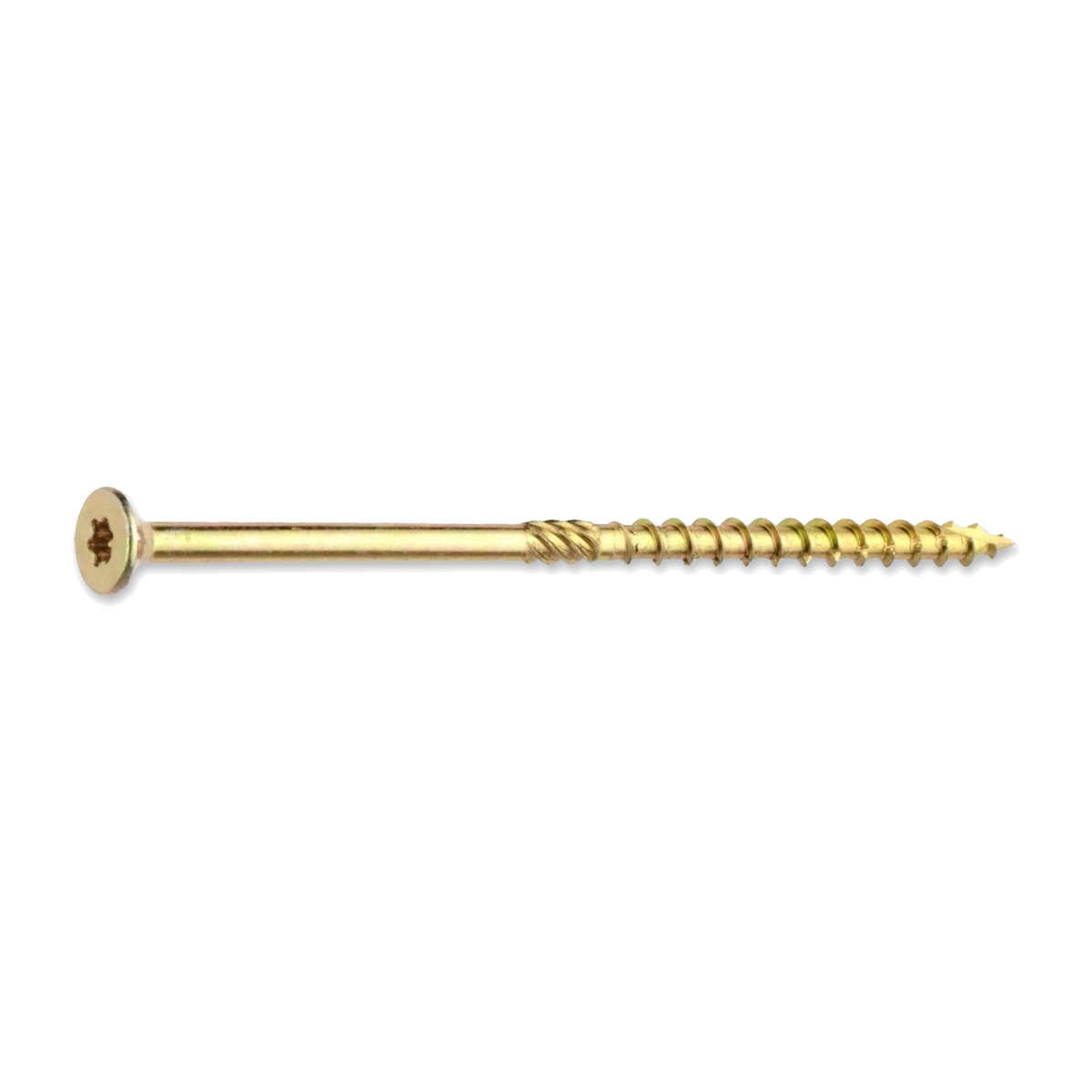 Yellow zinc-plated Torx countersunk wood screw with ribs under the head, coarse cutting thread and sharp point