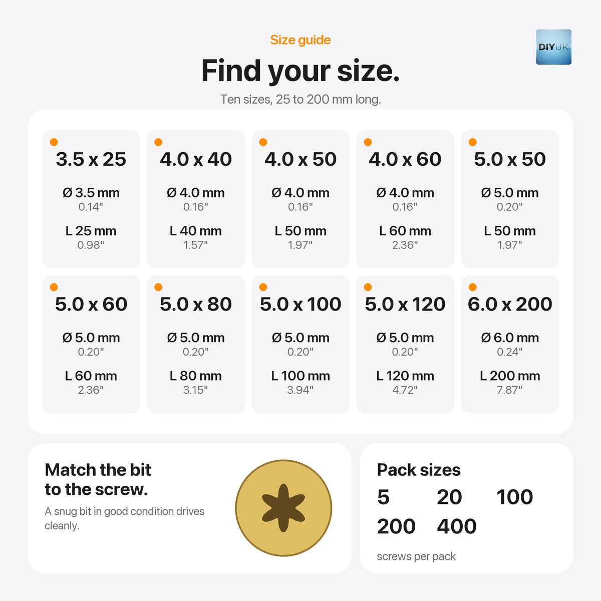 DIYUK Yellow Torx Countersunk Wood Screws, Zinc-Plated Steel, size guide: 3.5x25mm to 6.0x200mm, packs of 5, 20, 100, 200 and 400