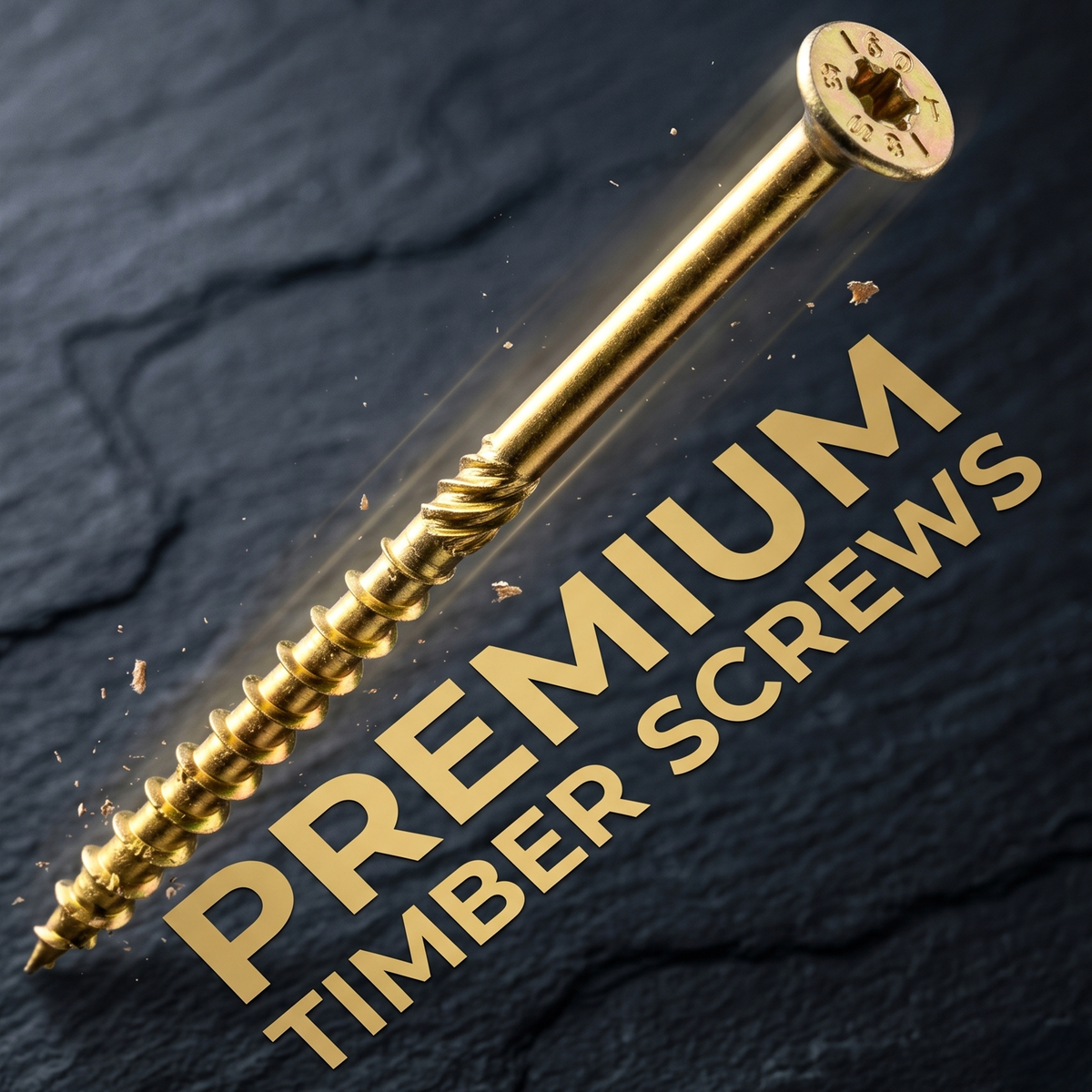 Yellow zinc-plated Torx countersunk wood screw with coarse thread, on a dark background
