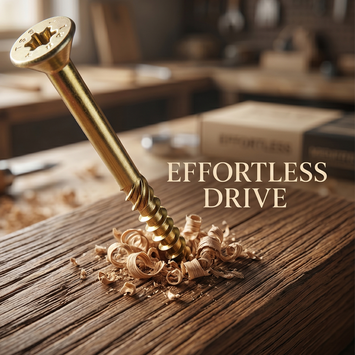 Yellow zinc-plated Torx countersunk wood screw driven into timber, with wood shavings
