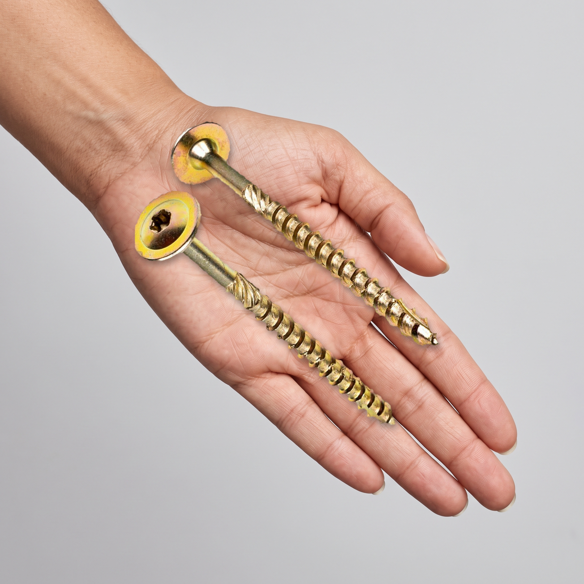 Two Torx wafer head structural timber screws shown in an open hand for scale