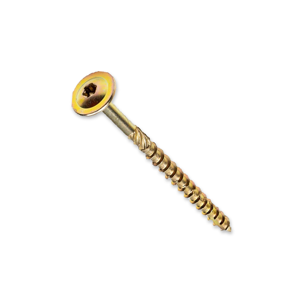 DIYUK Torx wafer head structural timber screw, yellow zinc plated, with a wide wafer head, TX30 Torx drive and a partial thread with cutting notches, on a white background