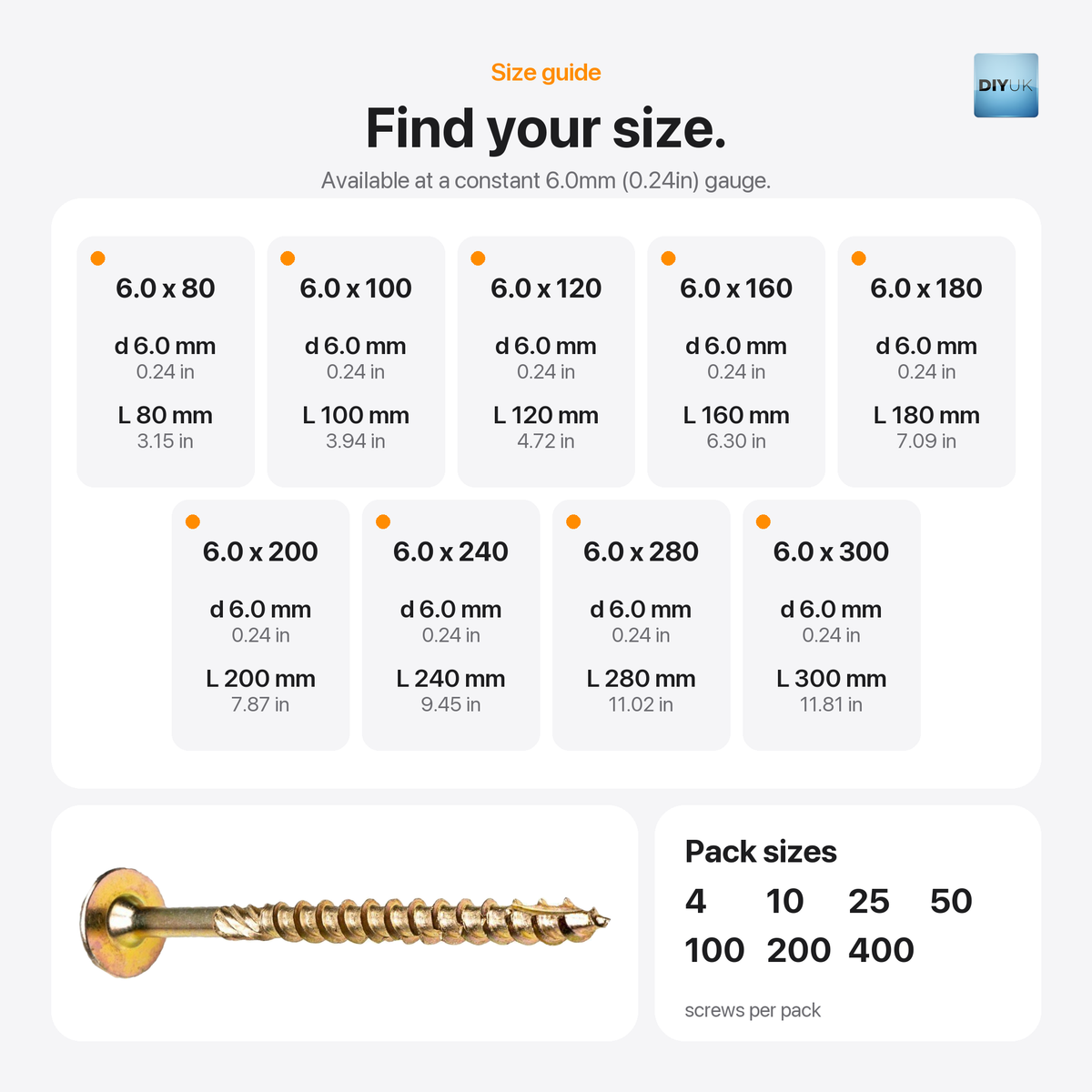DIYUK Torx wafer head structural timber screws, size guide: 6.0mm (0.24in) gauge in lengths of 80, 100, 120, 160, 180, 200, 240, 280 and 300mm; packs of 4, 10, 25, 50, 100, 200 or 400 screws