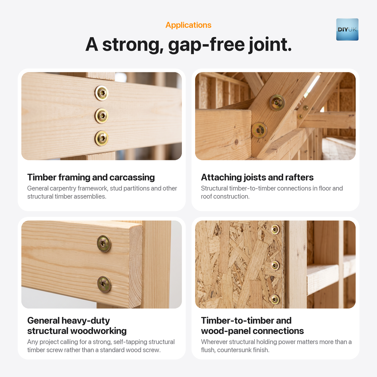 DIYUK Torx wafer head structural timber screws, applications: timber framing and carcassing; attaching joists and rafters in floor and roof construction; general heavy-duty structural woodworking; timber-to-timber and wood-panel connections