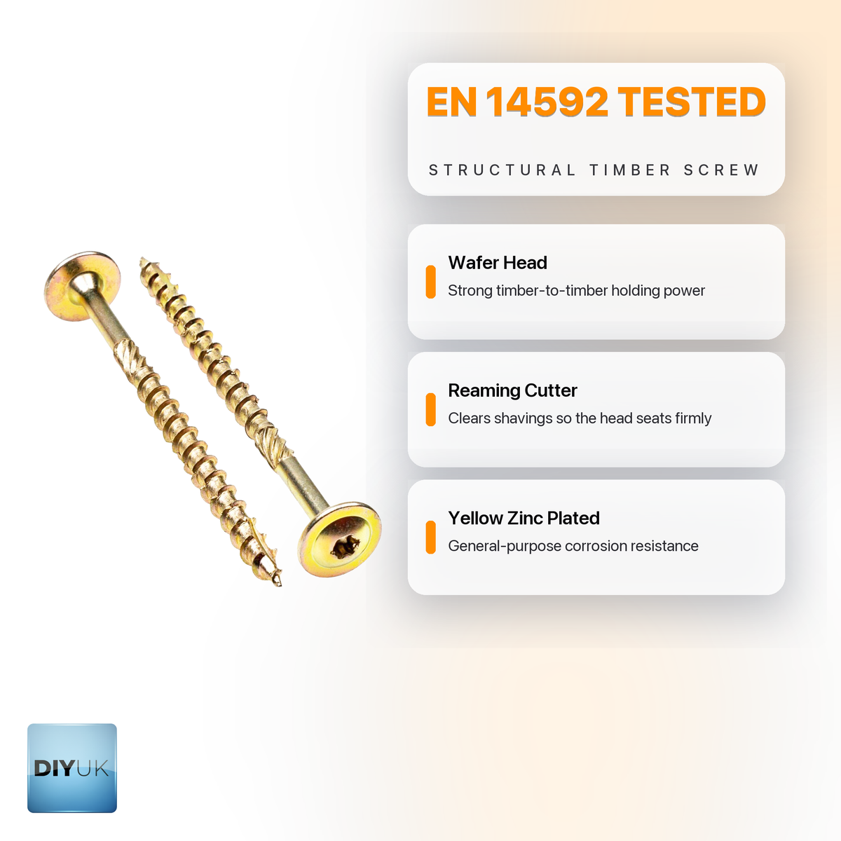 DIYUK Torx wafer head structural timber screws infographic: EN 14592 tested structural timber screw; wafer head for strong timber-to-timber holding power; reaming cutter clears shavings so the head seats firmly; yellow zinc plated for general-purpose corrosion resistance