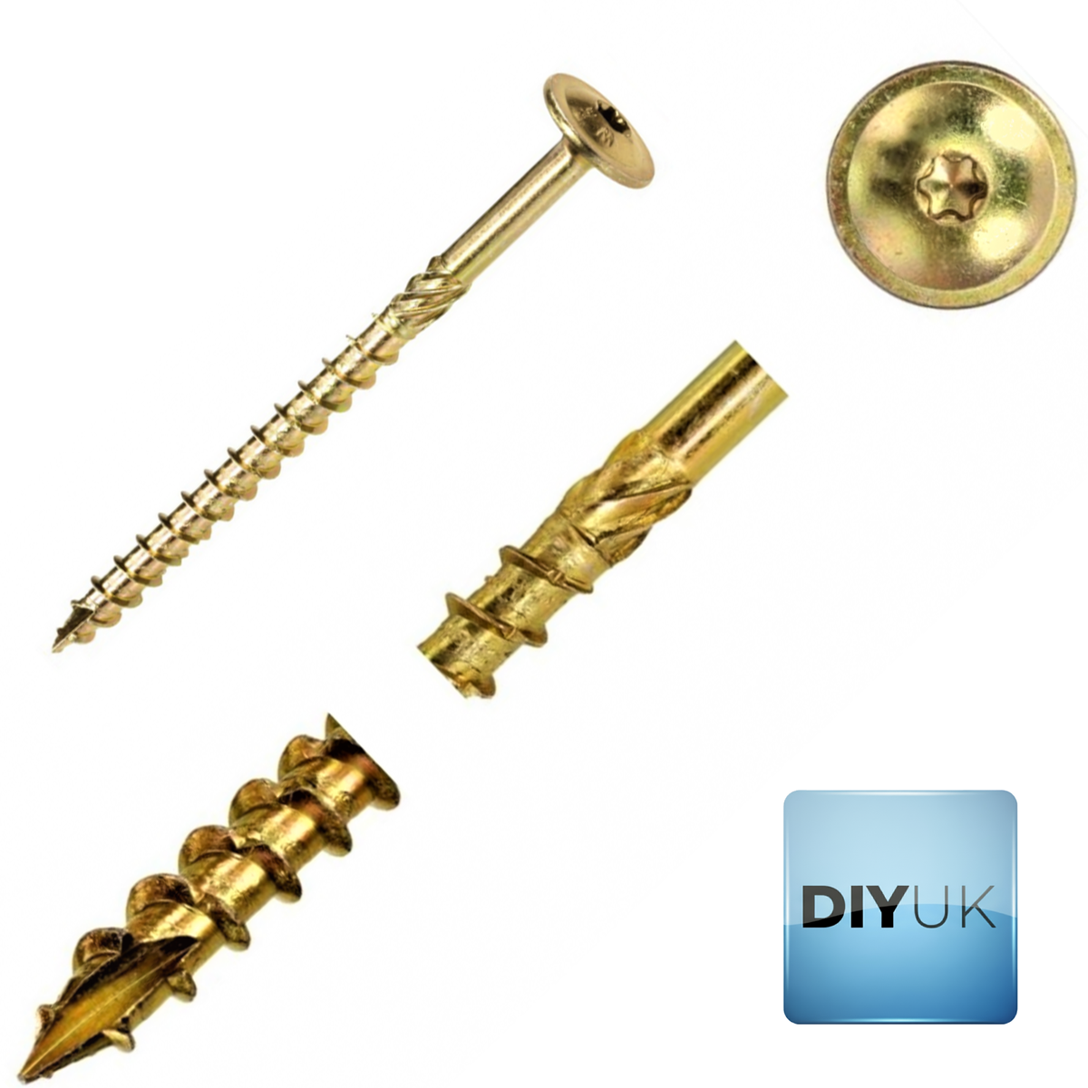 DIYUK Torx wafer head timber screw with close-ups of the TX drive in the wafer head and the thread with cutting notches and a sharp point