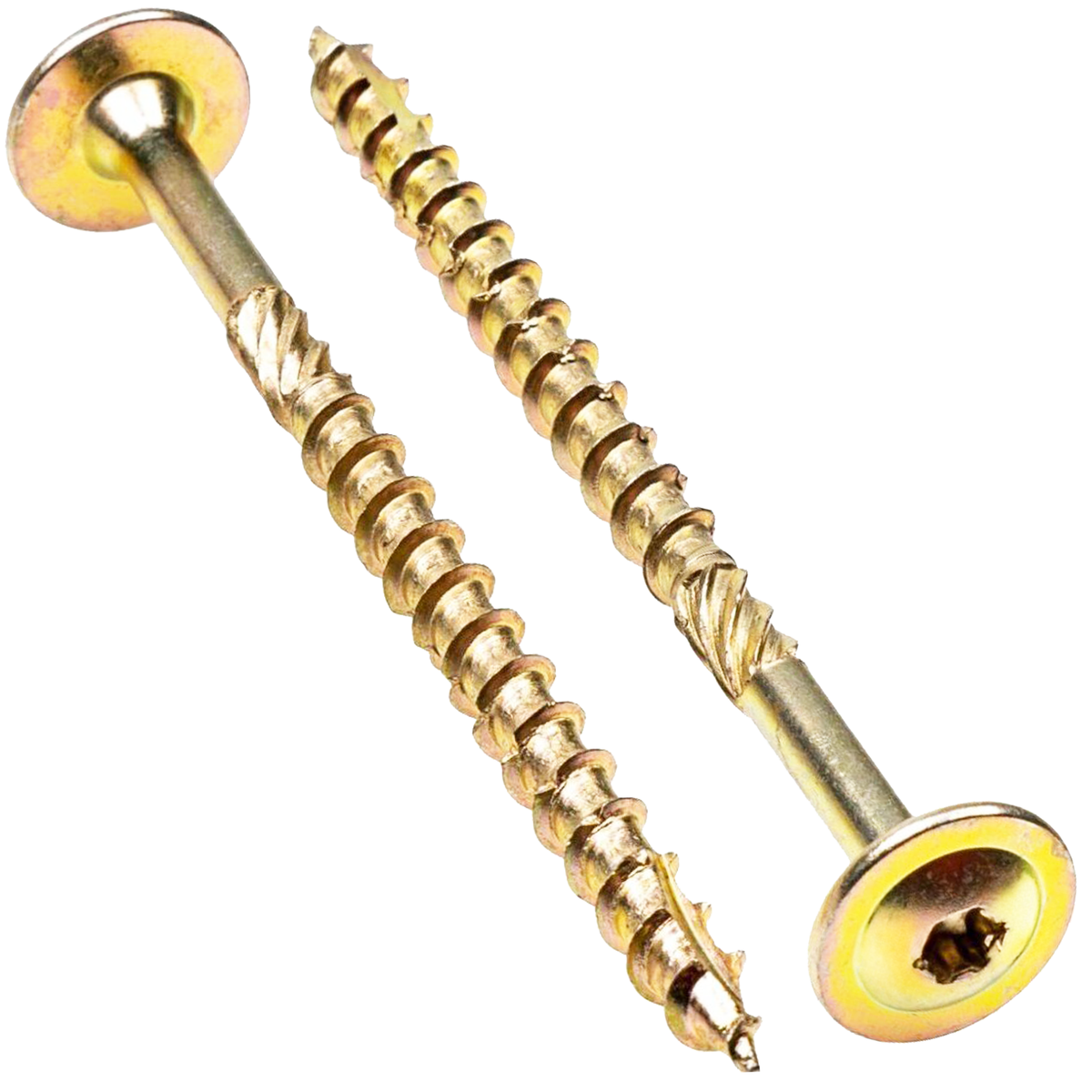 Two yellow zinc-plated Torx wafer head timber screws on a white background, showing the wide wafer head, TX drive and partial thread with cutting notches