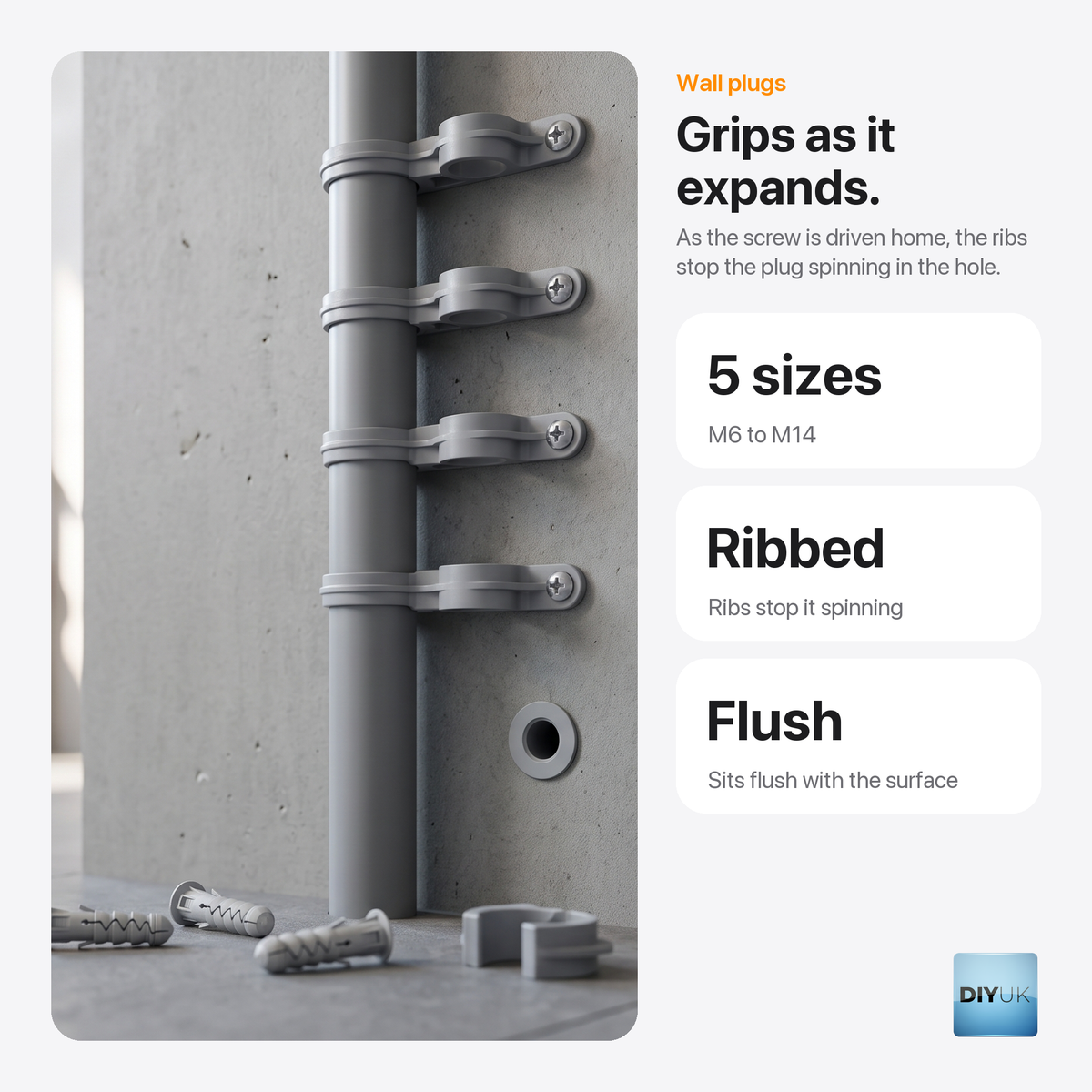 DIYUK Masonry Wall Plugs, Polypropylene Expansion Fixings, key benefits: grips as it expands, 5 sizes M6 to M14, ribbed, sits flush