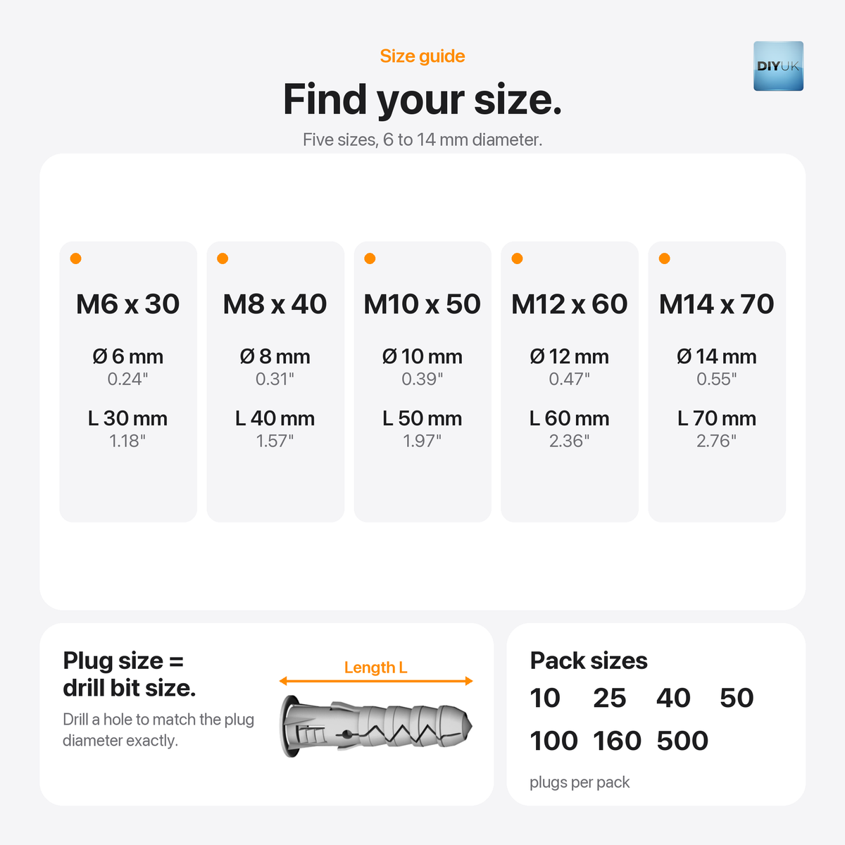 DIYUK Masonry Wall Plugs, Polypropylene Expansion Fixings, size guide: 6x30mm to 14x70mm, plug size = drill bit size, packs of 10 to 500