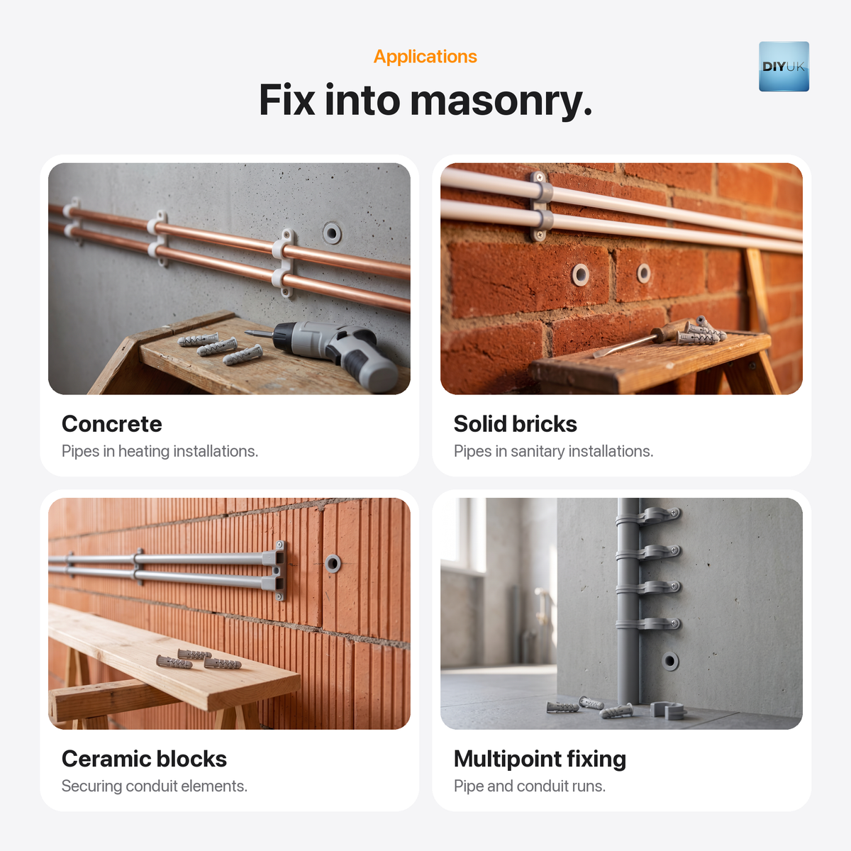 DIYUK Masonry Wall Plugs, Polypropylene Expansion Fixings, applications: pipes on concrete and solid brick, conduit on ceramic blocks, multipoint fixing
