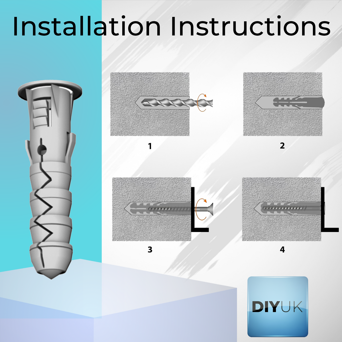 DIYUK Masonry Wall Plugs, Polypropylene Expansion Fixings, installation steps: drill, insert the plug, drive the screw through the fixture