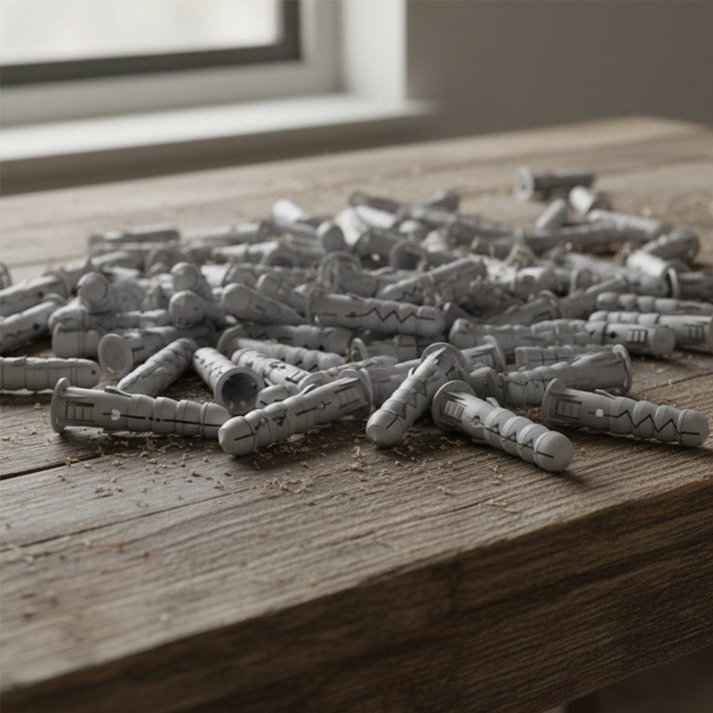 Pile of grey polypropylene wall plugs on a wooden workbench