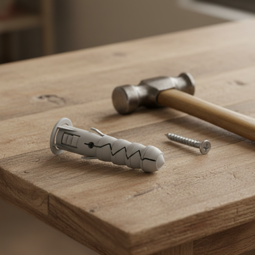 Polypropylene wall plug with a screw and a hammer on a wooden workbench