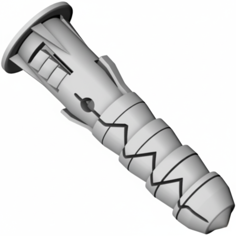 Grey polypropylene expansion wall plug with collar, anti-rotation fins, split body and ribs