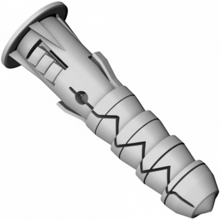 Grey polypropylene expansion wall plug with collar, anti-rotation fins, split body and ribs