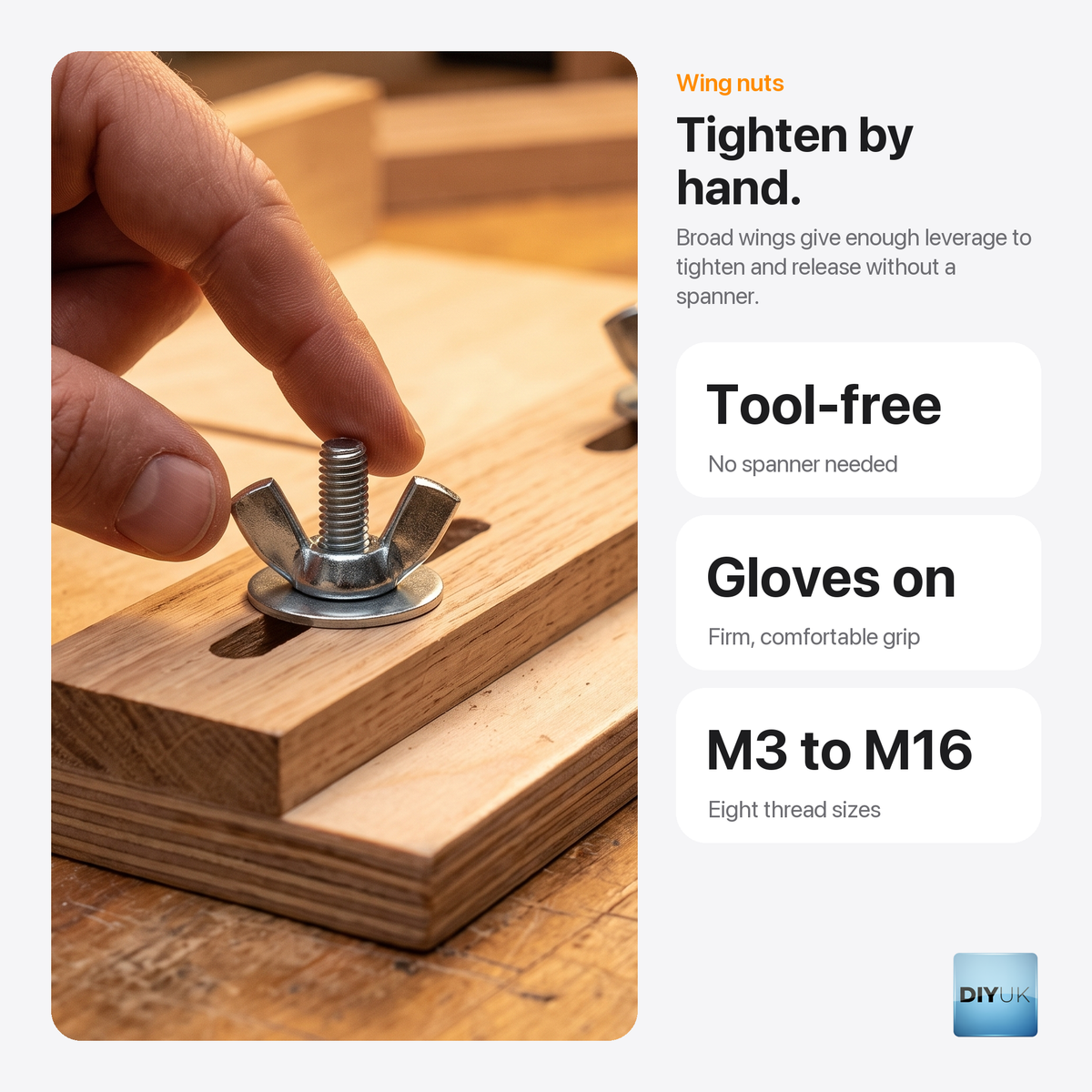 DIYUK Wing Nuts, DIN 315 American Form, key benefits: tighten by hand, tool-free, firm grip with gloves on, M3 to M16