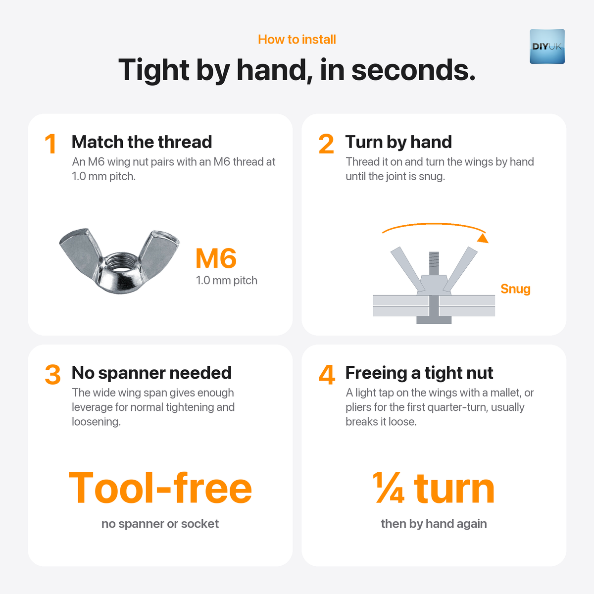 DIYUK Wing Nuts, DIN 315 American Form, how to install: match the thread, turn by hand until snug, no spanner needed
