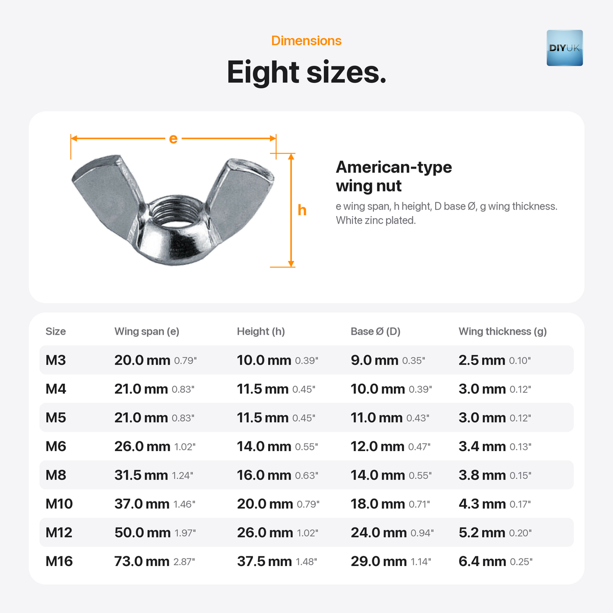 DIYUK Wing Nuts, DIN 315 American Form, dimensions table: wing span, height, base diameter and wing thickness for M3 to M16