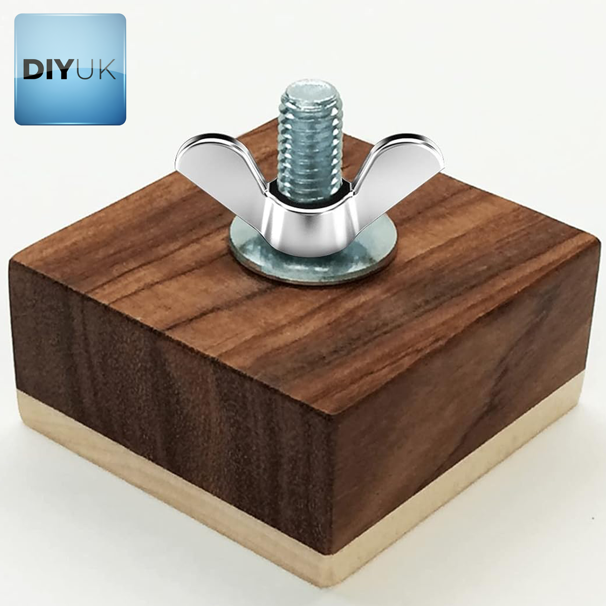 Wing nut with a washer on a threaded bolt in a wooden block