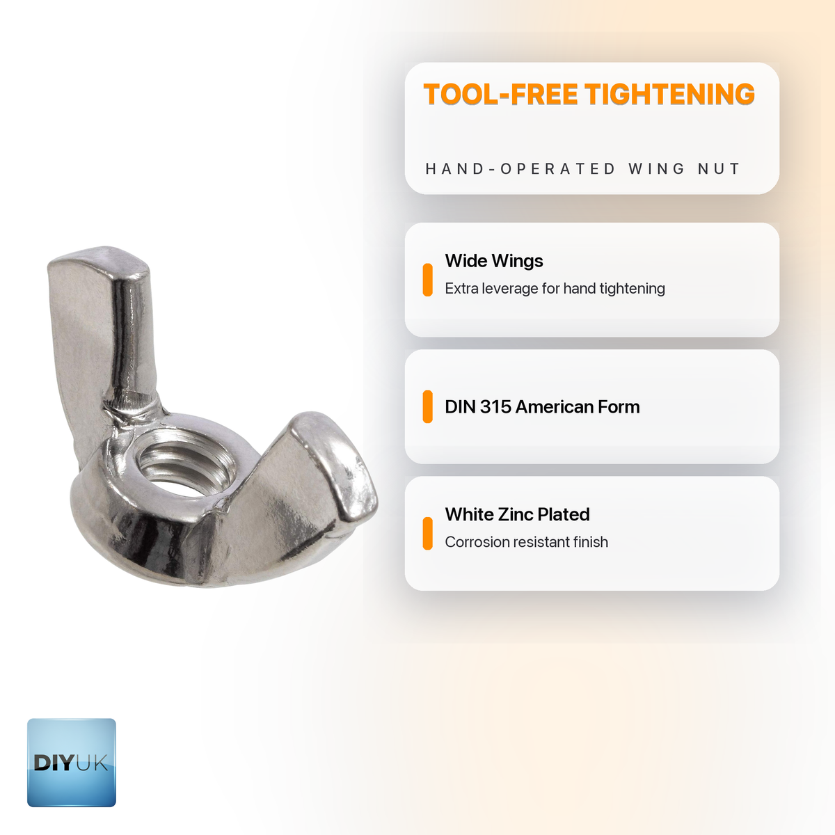 DIYUK Wing Nuts, DIN 315 American Form, infographic: tool-free tightening, wide wings for hand tightening