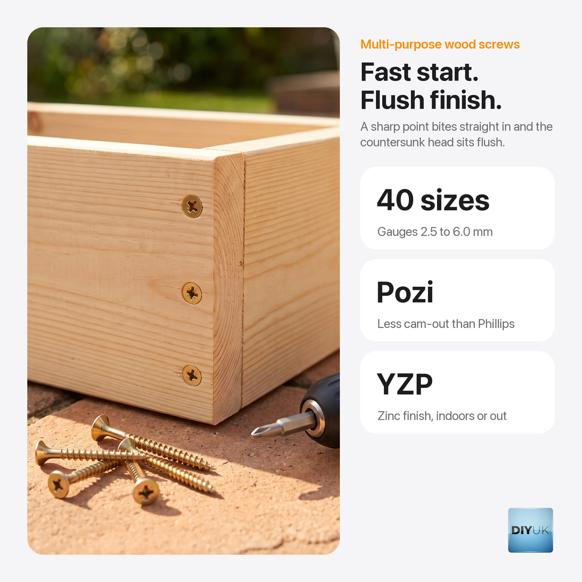 Premium Multi-Purpose Wood Screws | YZP Pozi Countersunk, key features