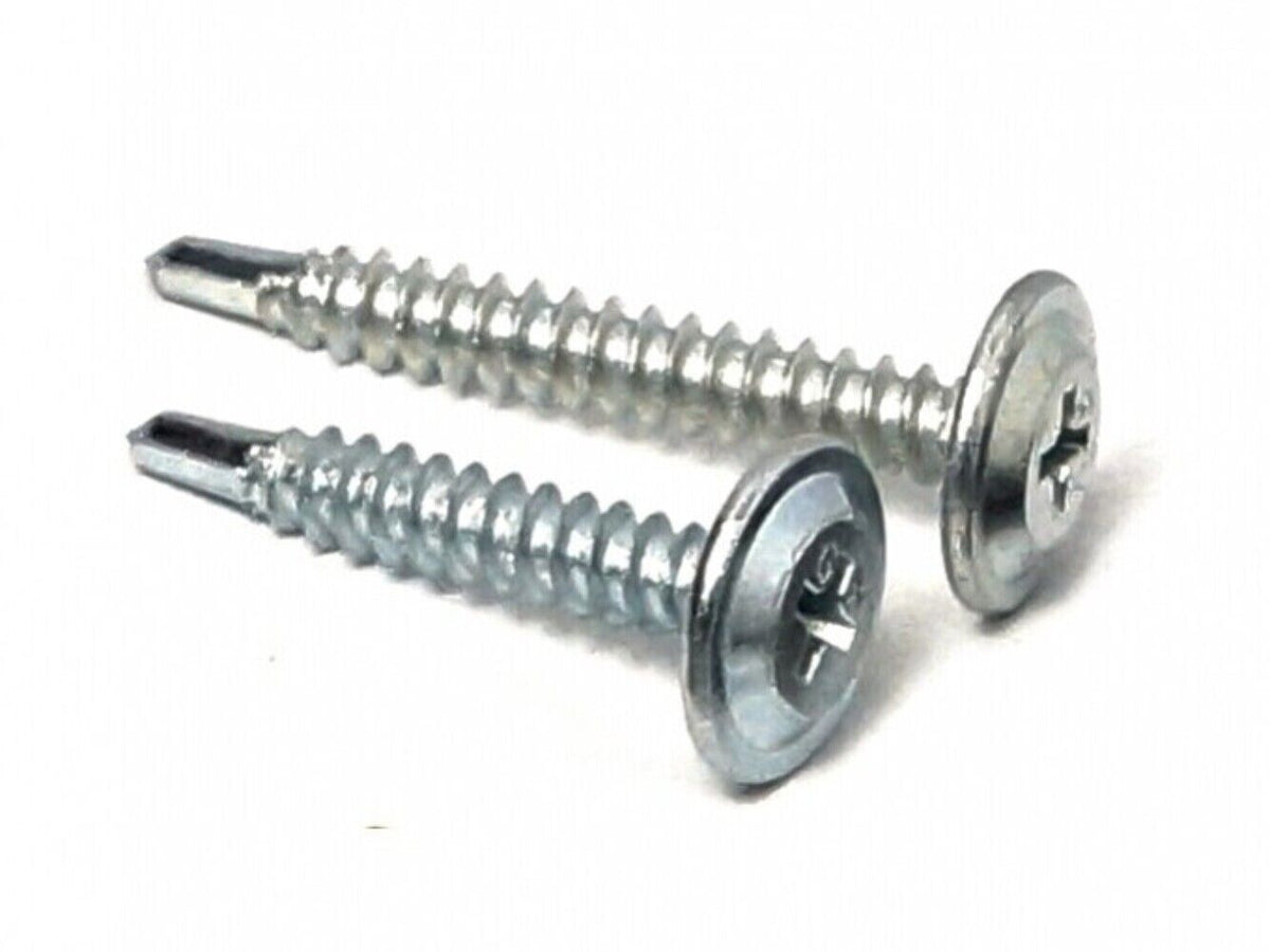 Close-up of a bright zinc-plated self-drilling baypole screw with a low-profile wafer head, designed for flush UPVC window installations.