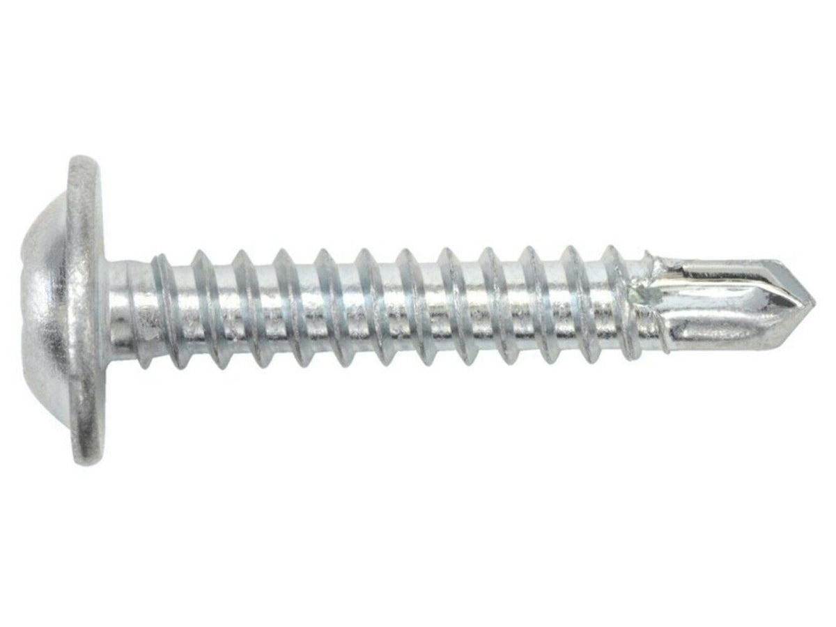 Close-up of a bright zinc-plated self-drilling baypole screw with a low-profile wafer head, designed for flush UPVC window installations.
