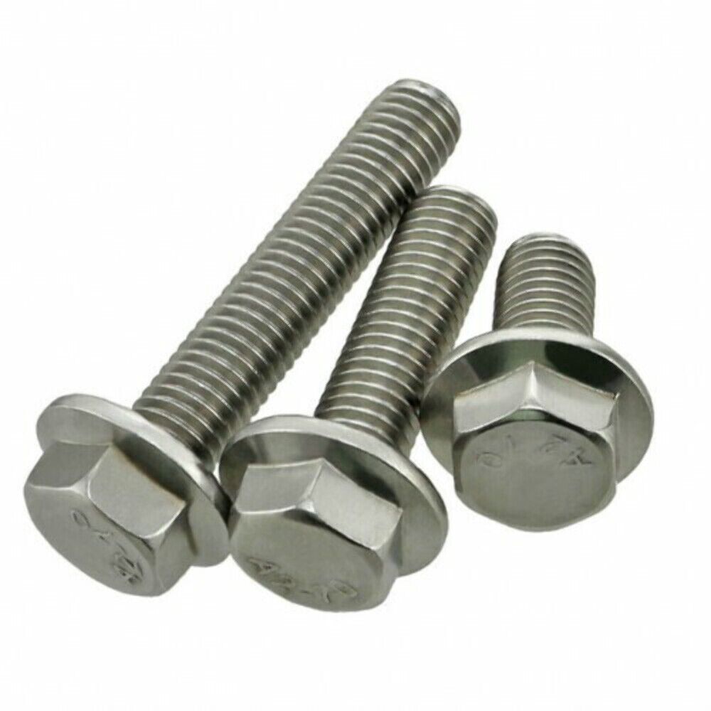 Three A2 stainless steel flanged hex head bolts of different lengths, fully threaded, on a white background
