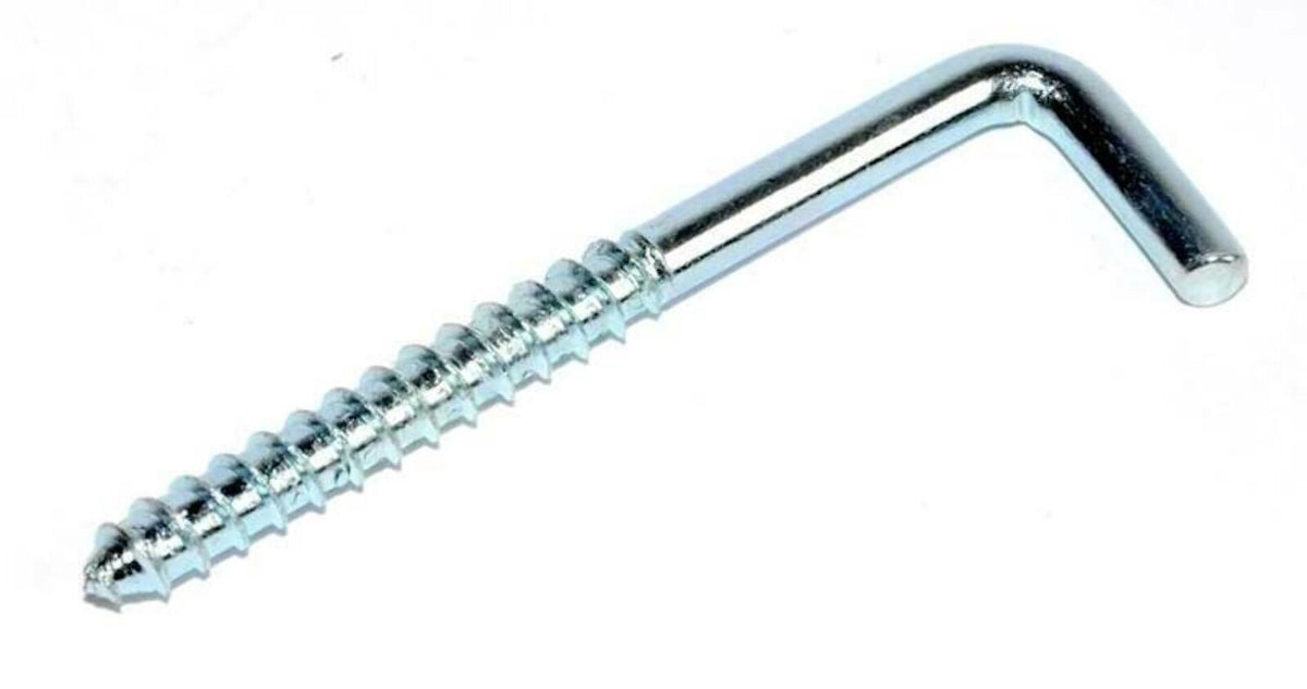 White zinc-plated steel L-hook screw with a pointed wood screw thread