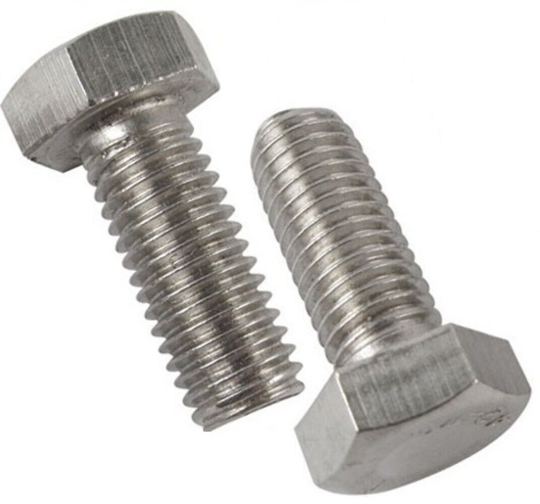 Two fully threaded A2 stainless steel metric hexagon head bolts (DIN 933) on a white background