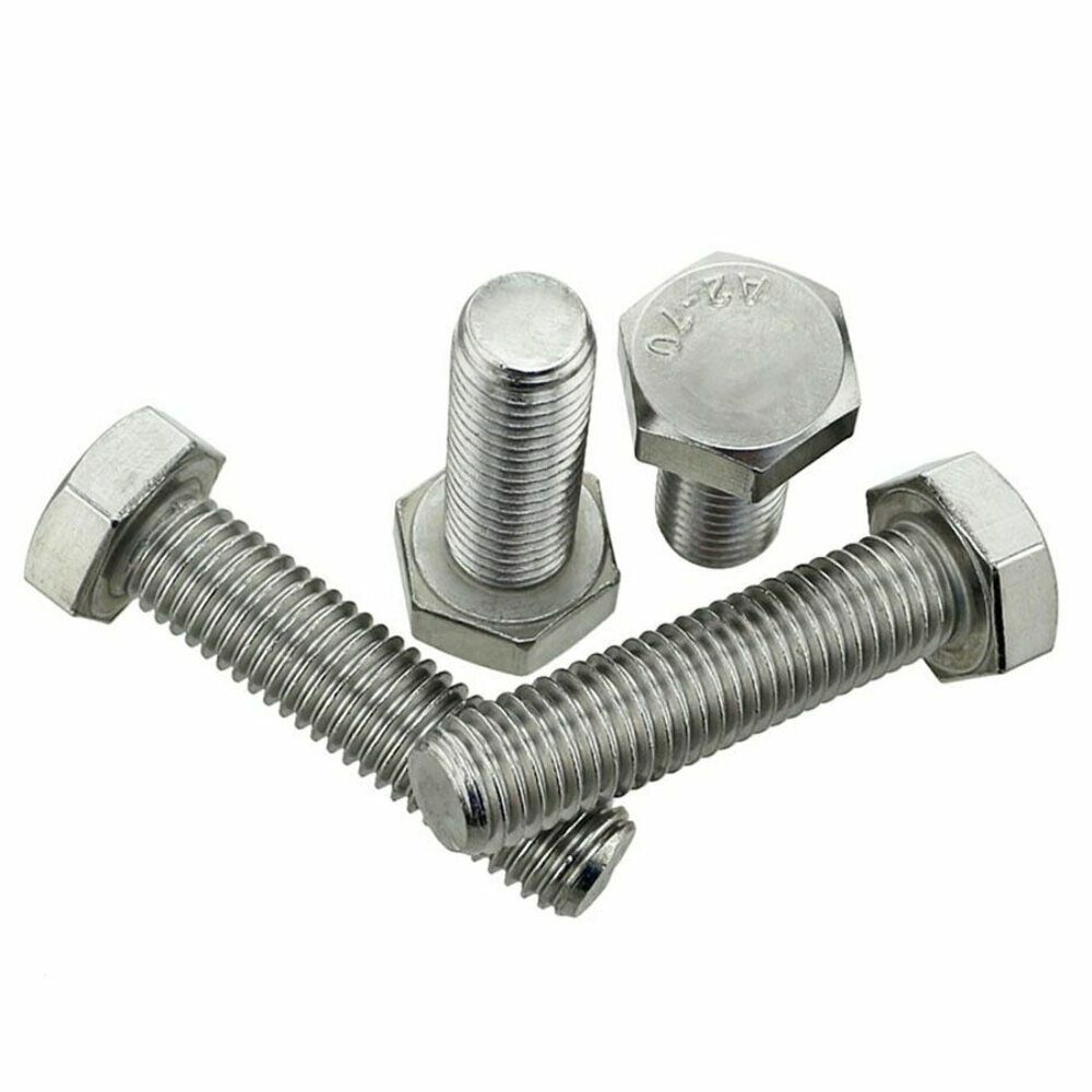 Four fully threaded A2 stainless steel hex head bolts of different lengths on a white background