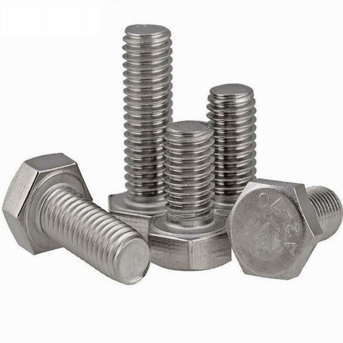 Five A2 stainless steel hex head bolts of different diameters and lengths, three standing and two lying, on a white background