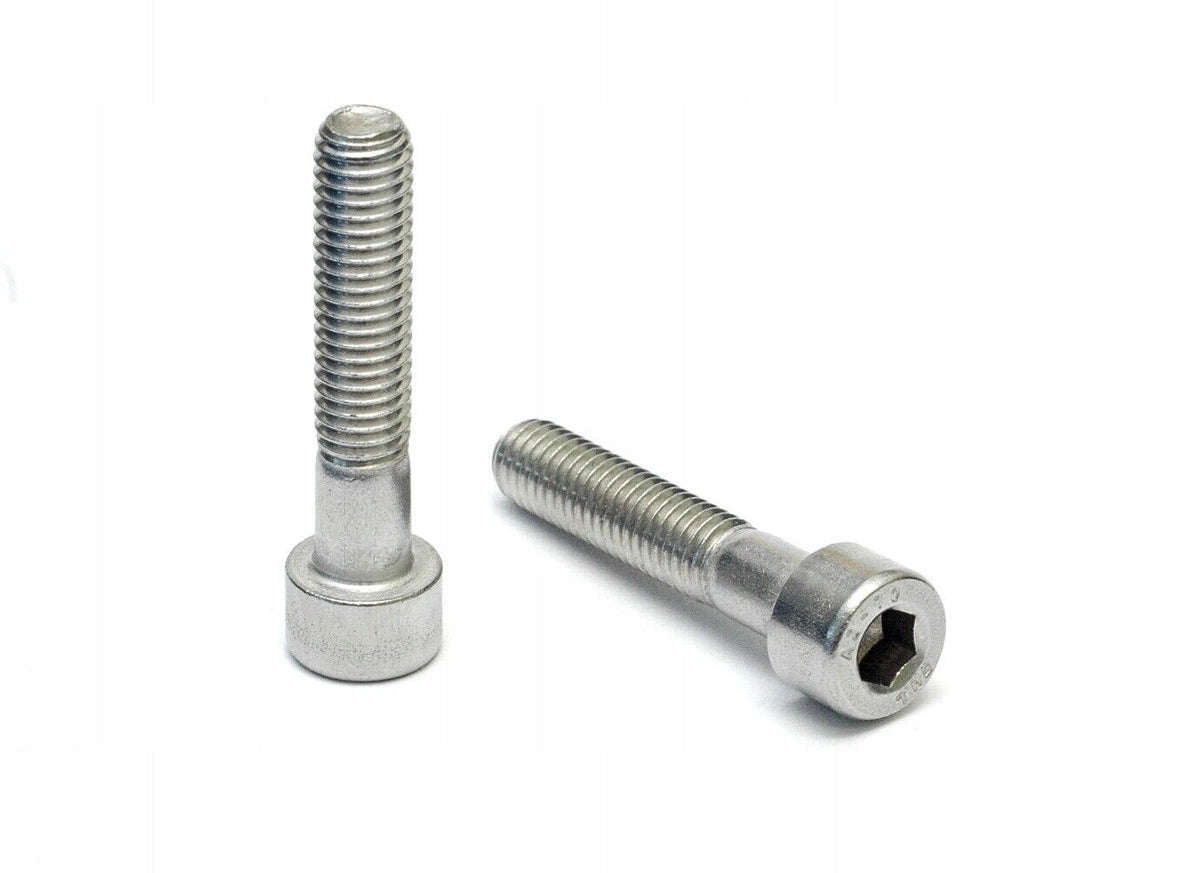 Two A2 stainless steel Allen socket cap head screws, one standing and one lying, on a white background