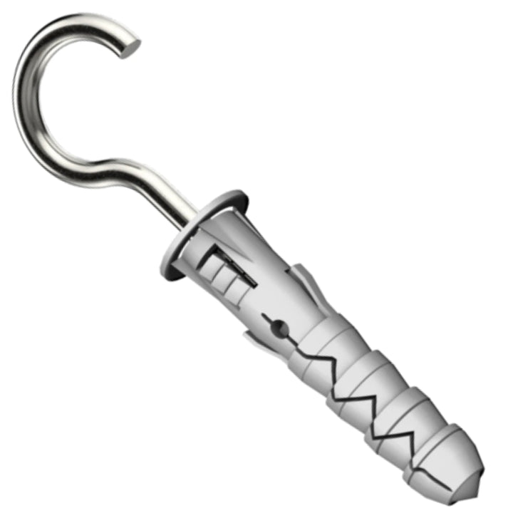 DIYUK Type C ceiling cup screw hook with its grey plastic wall plug, the zinc-plated open C-shaped hook screwed into the plug, on a white background