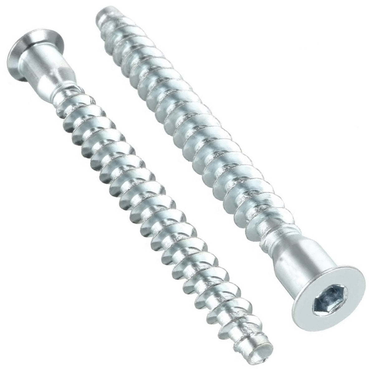 Two DIYUK confirmat screws with a hex socket flat countersunk head, plain shoulder and coarse thread, bright zinc-plated (BZP) finish, on a white background