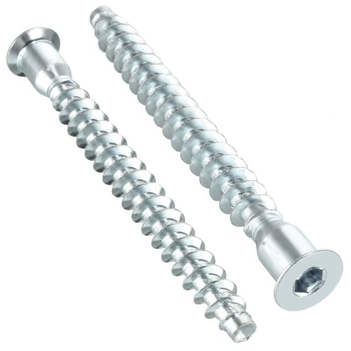 Two DIYUK confirmat screws with a hex socket flat countersunk head, plain shoulder and coarse thread, bright zinc-plated (BZP) finish, on a white background