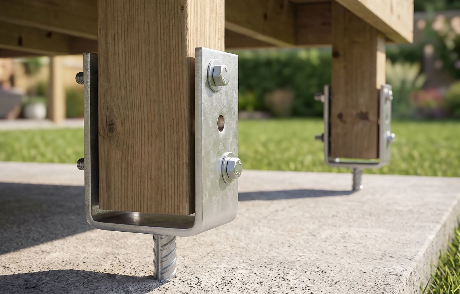 U-shape post supports under the posts of a timber deck