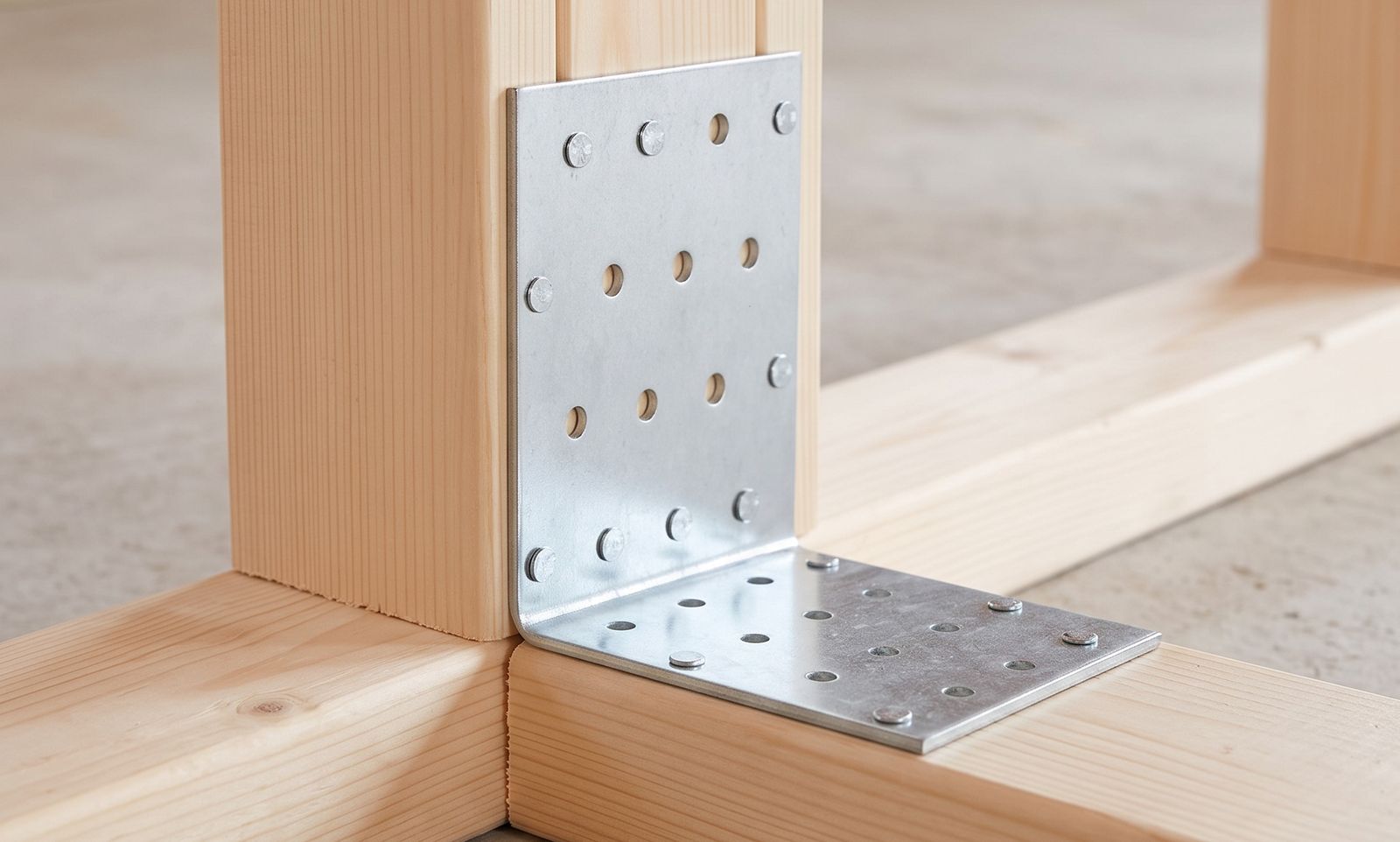 Angle bracket joining a timber stud to a sole plate