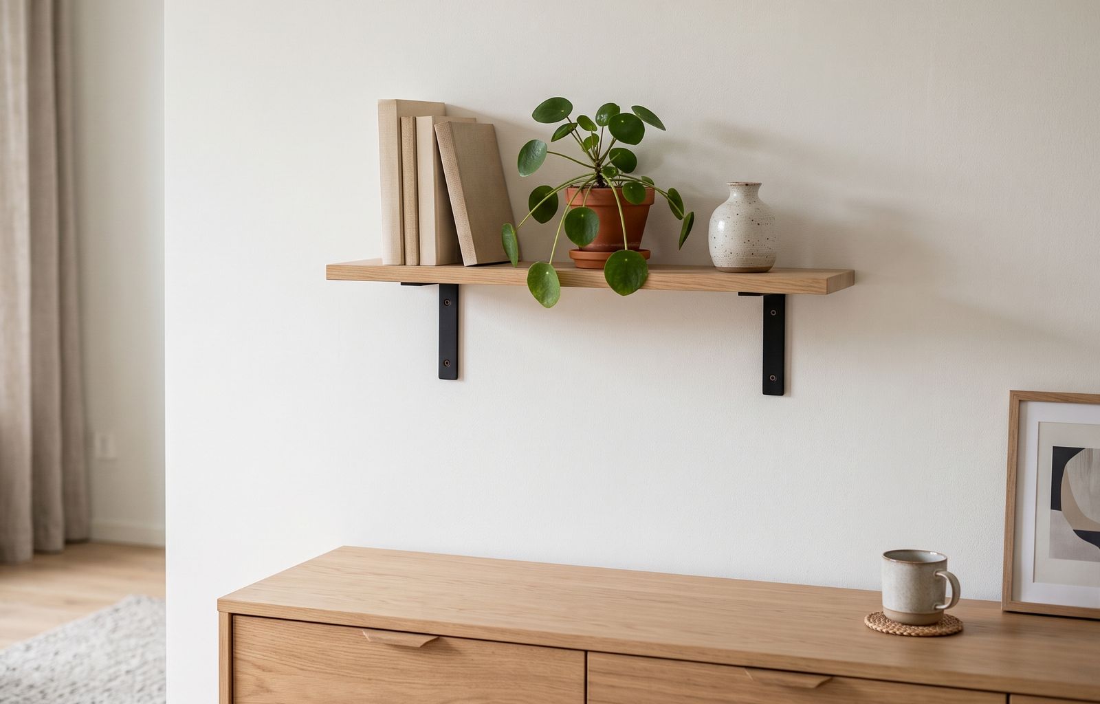 Wall shelf with books and a plant in a living room